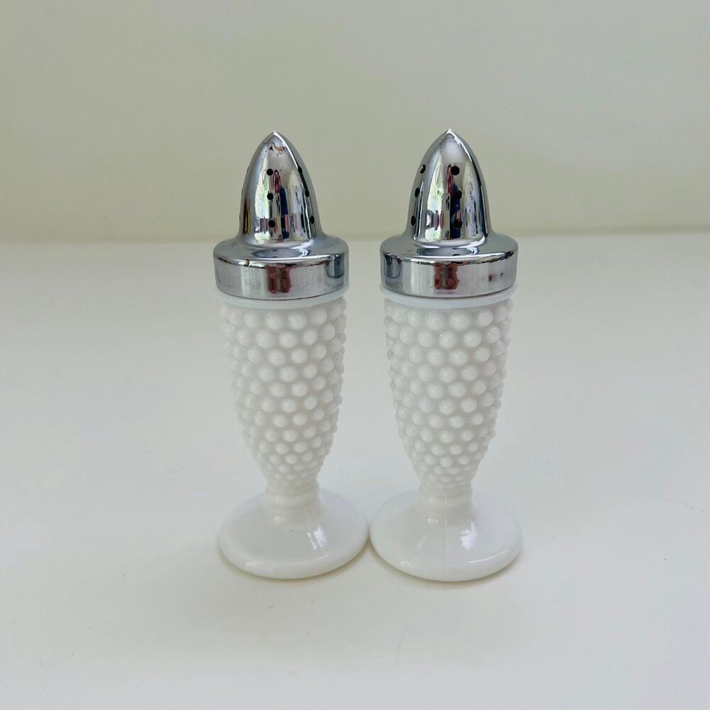 Studded Hobnail Milk Glass Salt & Pepper Shakers With Silver Chrome Lids.